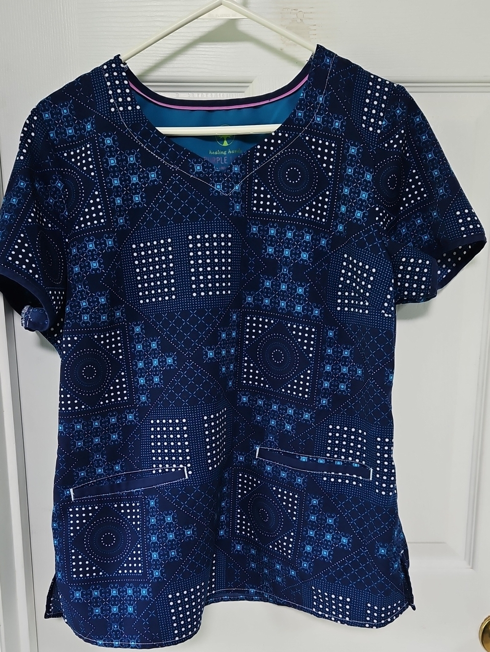 healing hands Navy and Royal Blue Geometric Print Scrub Top